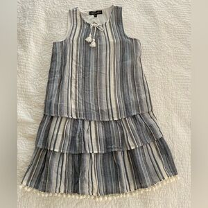 Striped Sleeveless Blue and White Dress with Tassels, Girls 14